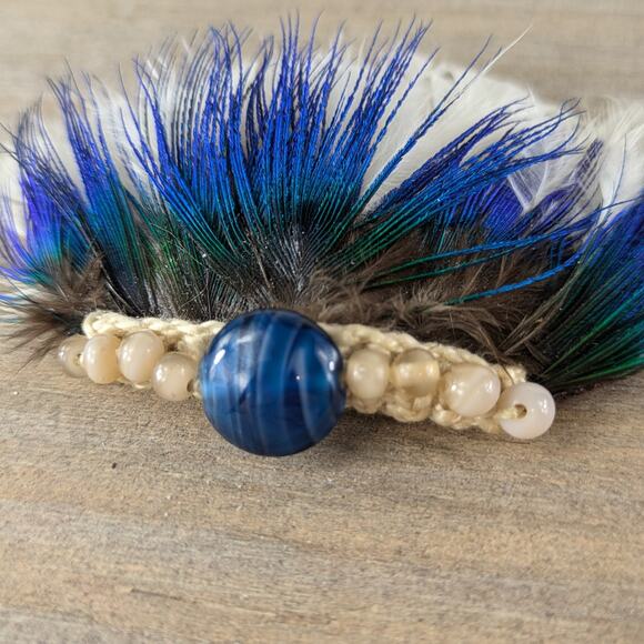 Genuine Feather Hair Clip Handmade Blue White Flapper Peacock Snap Barrette 20s - Picture 4 of 5